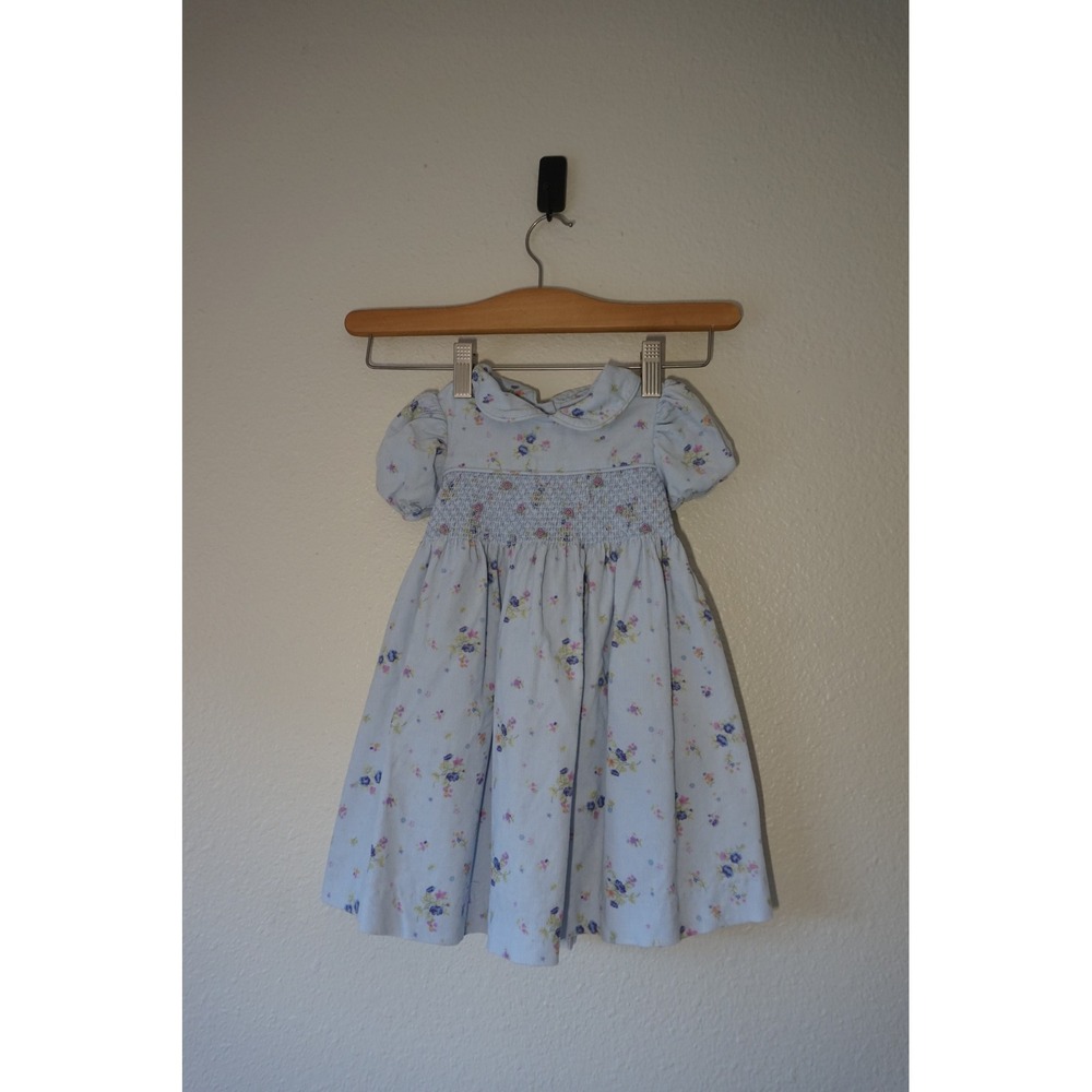 Laura Ashley Vintage Smocked Dress Ditsy Floral Corduroy Cottagecore Blue 12mo